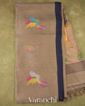 Soft Olive Taupe Jamdani Pure Silk Linen Handloom Saree 