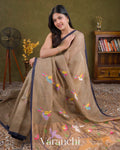Soft Olive Taupe Jamdani Pure Silk Linen Handloom Saree 