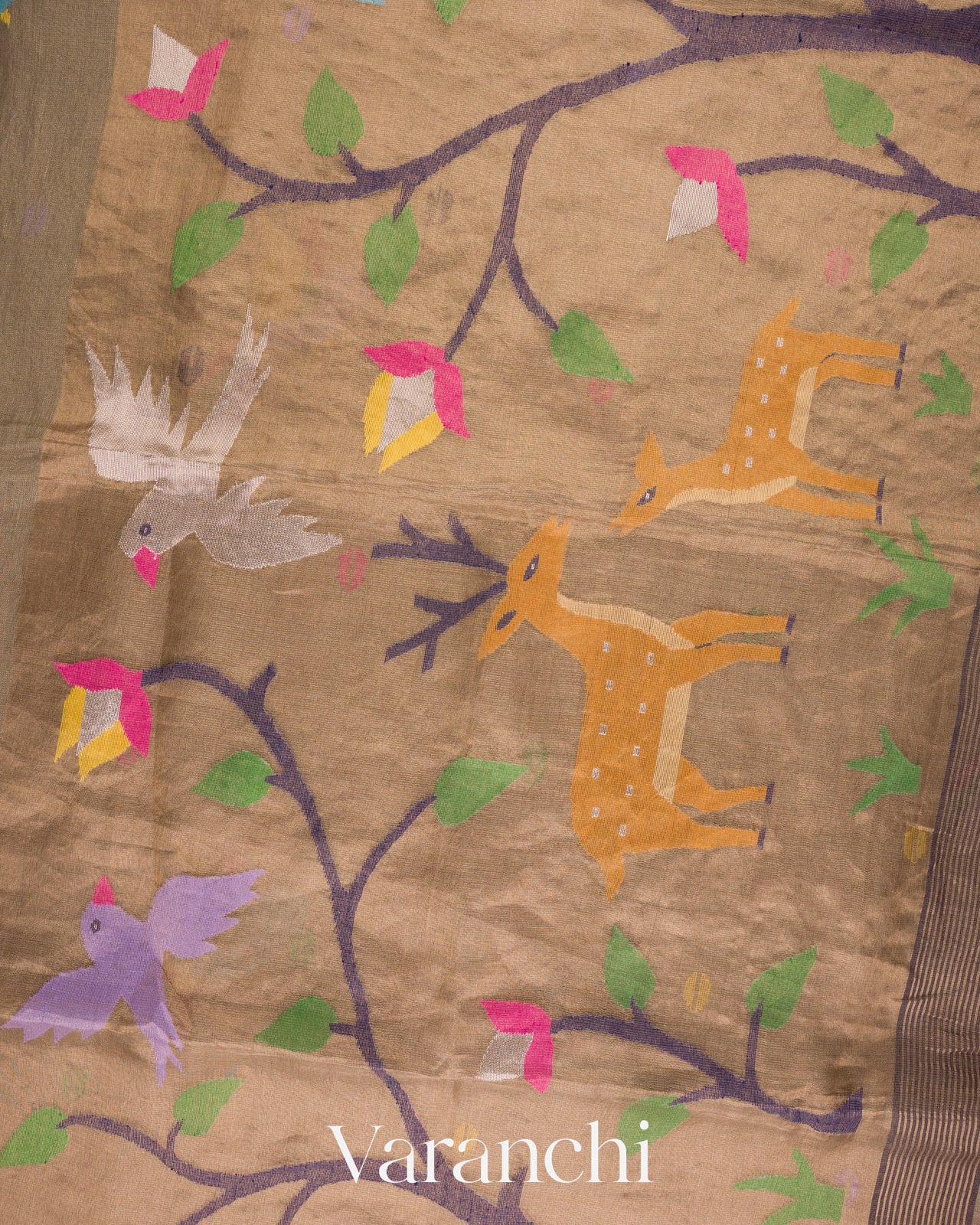 Soft Olive Taupe Jamdani Pure Silk Linen Handloom Saree 