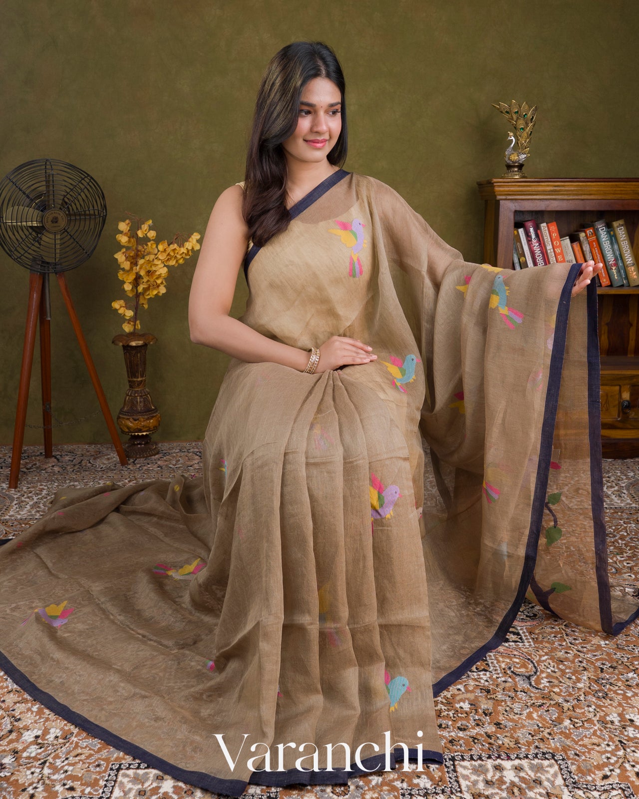 Soft Olive Taupe Jamdani Pure Silk Linen Handloom Saree 