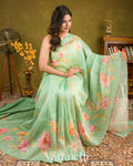 Pastel Mint Green Digital Printed Pure Linen Kora Silk Handloom Saree 