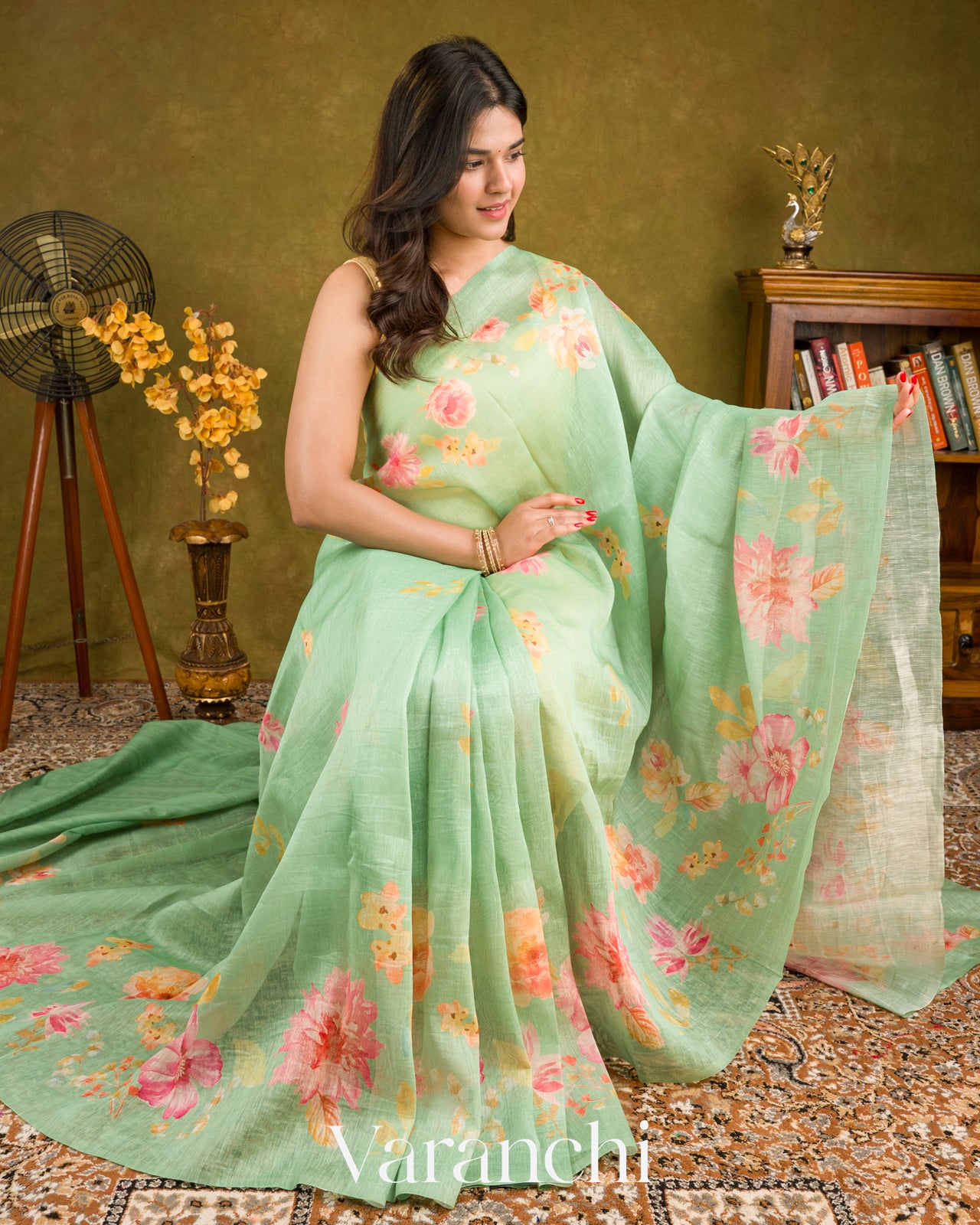 Pastel Mint Green Digital Printed Pure Linen Kora Silk Handloom Saree 