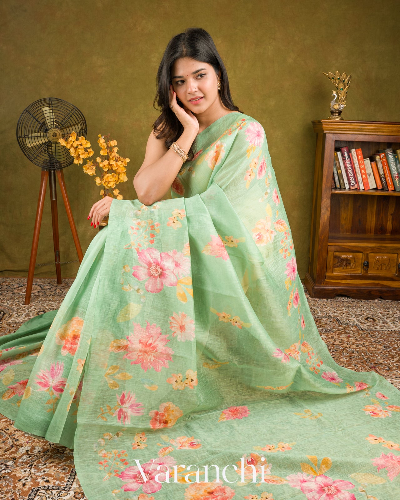 Pastel Mint Green Digital Printed Pure Linen Kora Silk Handloom Saree v