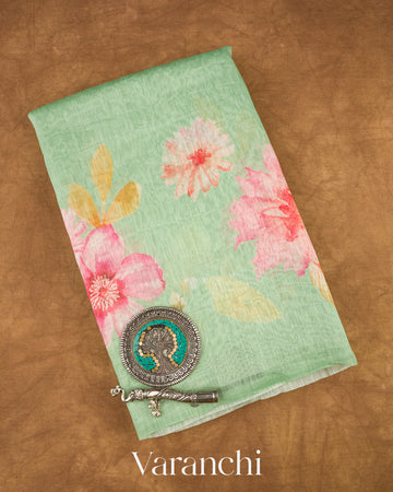 Pastel Mint Green Digital Printed Pure Linen Kora Silk Handloom Saree 