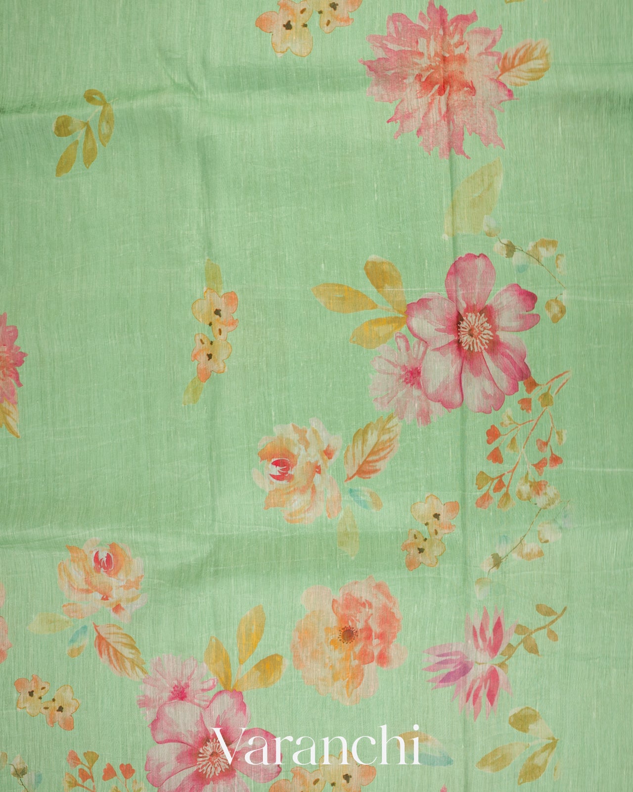 Pastel Mint Green Digital Printed Pure Linen Kora Silk Handloom Saree 