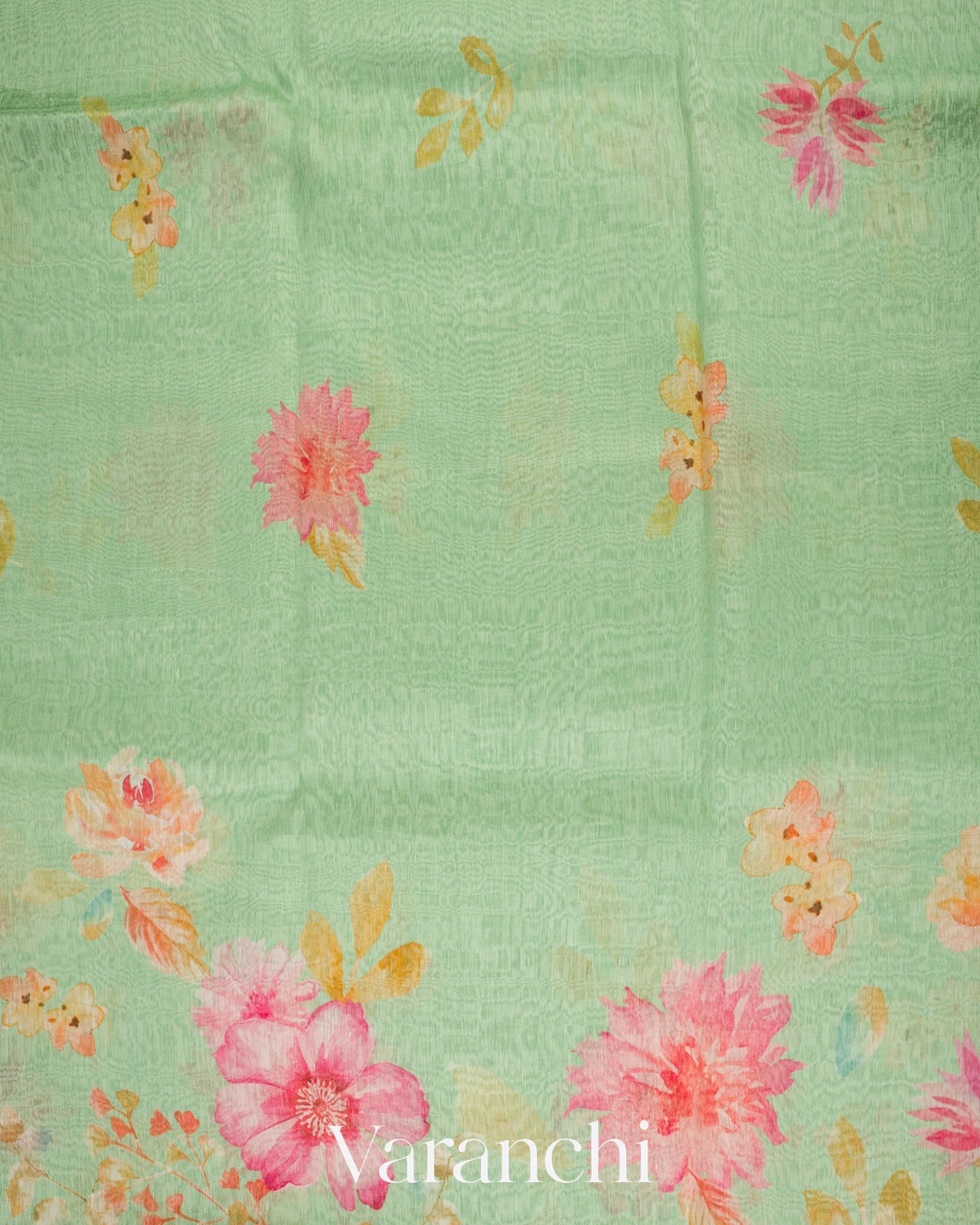 Pastel Mint Green Digital Printed Pure Linen Kora Silk Handloom Saree 