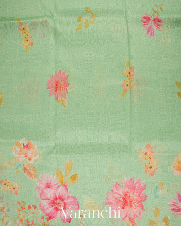 Pastel Mint Green Digital Printed Pure Linen Kora Silk Handloom Saree 