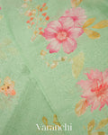 Pastel Mint Green Digital Printed Pure Linen Kora Silk Handloom Saree 