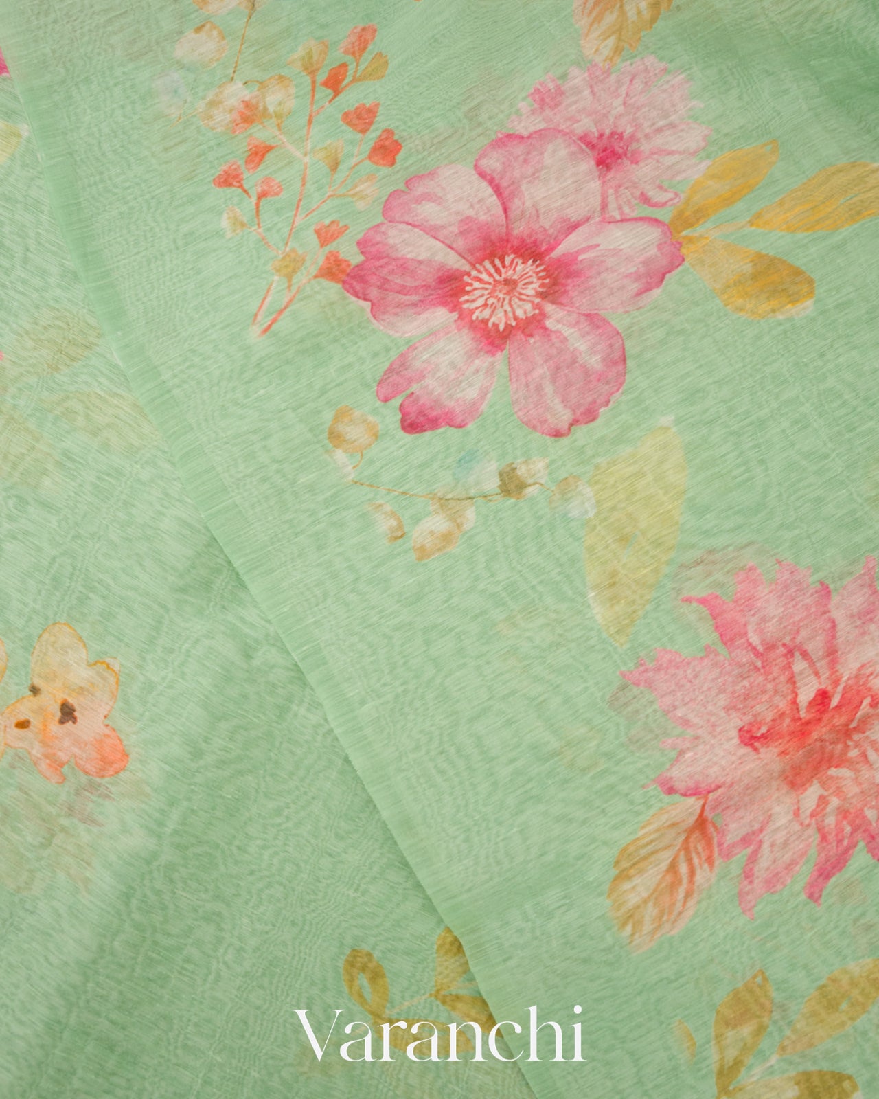 Pastel Mint Green Digital Printed Pure Linen Kora Silk Handloom Saree 