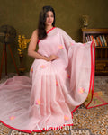 Powder Blush Pink Jamdani Pure Silk Linen Handloom Saree