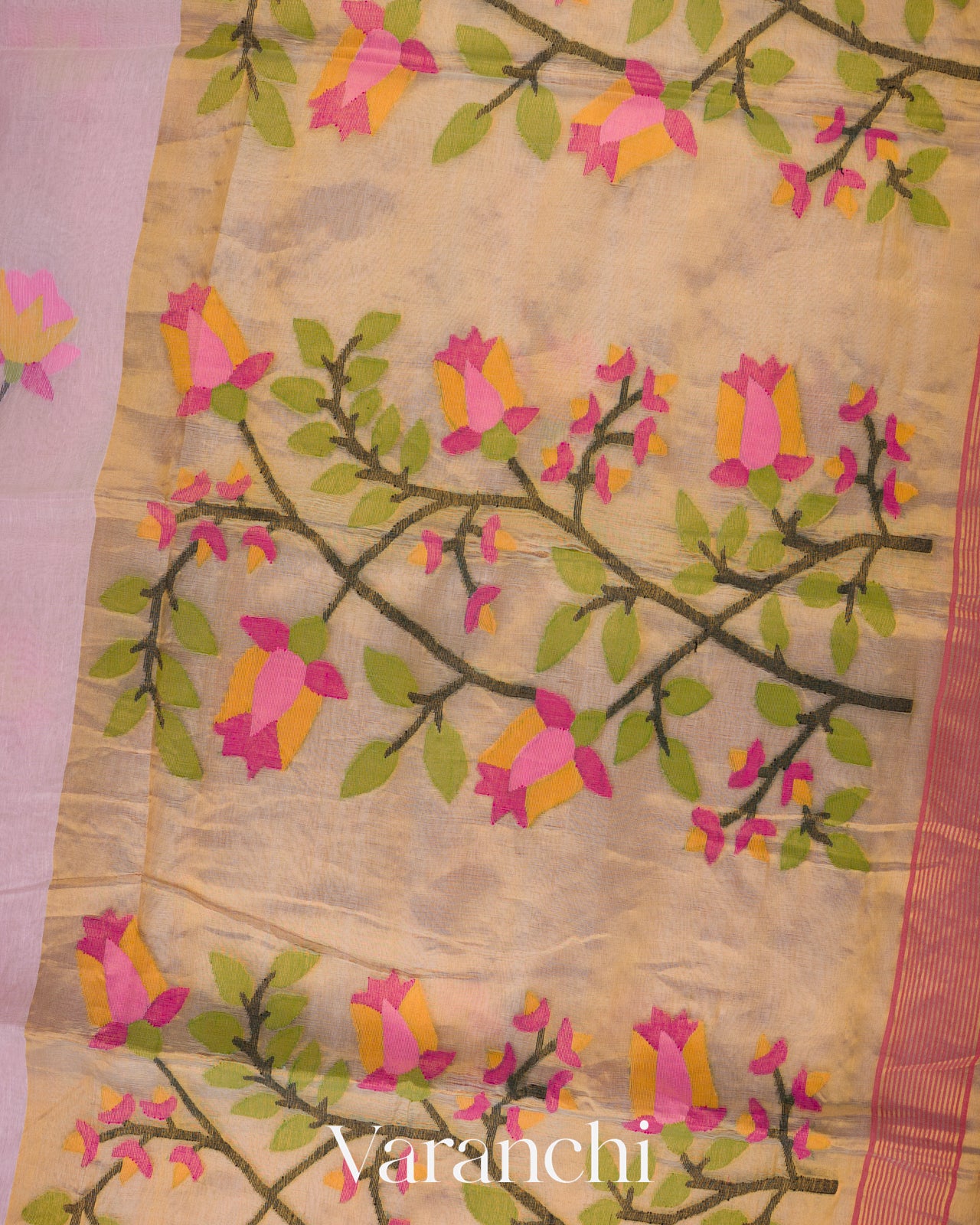 Powder Blush Pink Jamdani Pure Silk Linen Handloom Saree