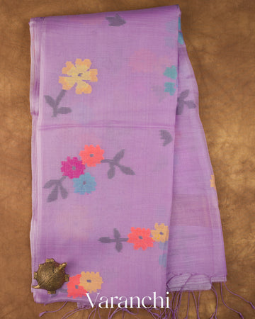 Lilac Jamdani Pure Silk Linen Handloom Saree