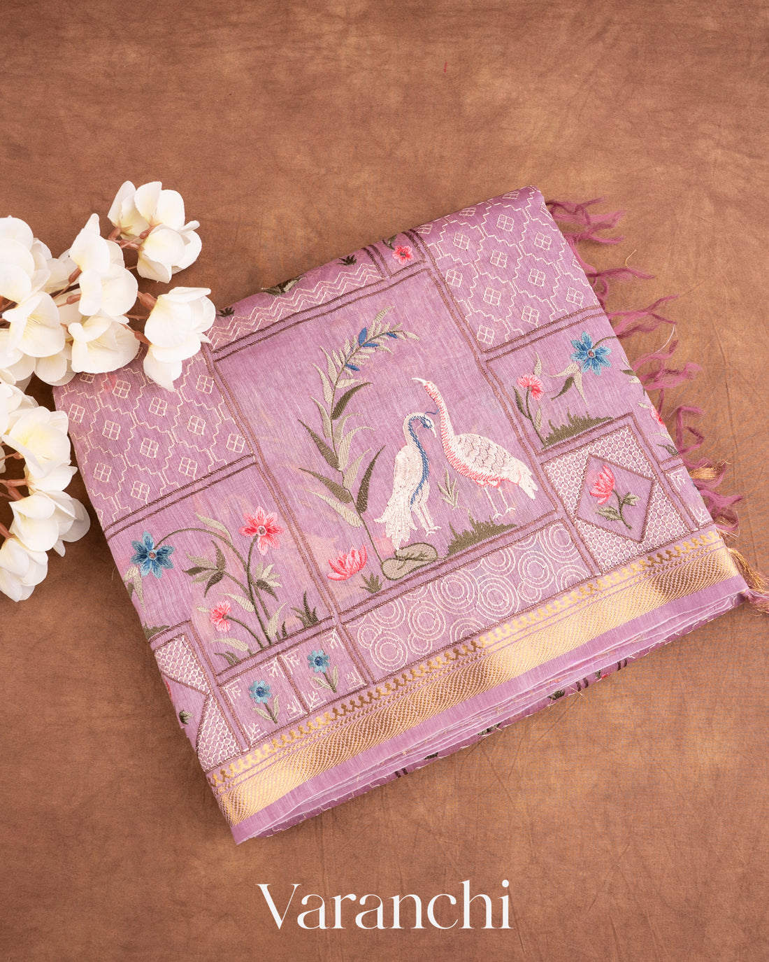 Soft Lilac All-Over Embroidered Pure Silk Linen Saree