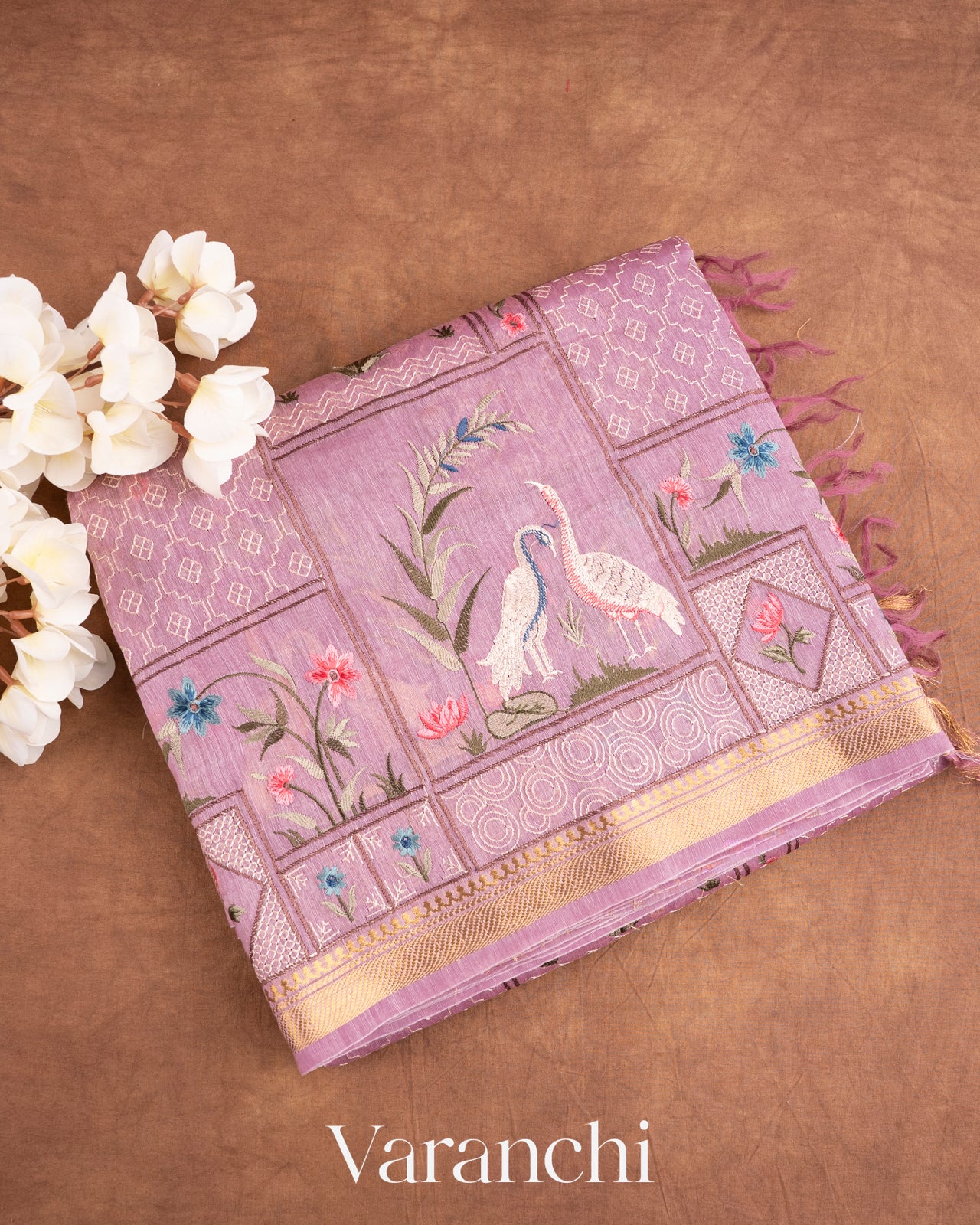Soft Lilac All-Over Embroidered Pure Silk Linen Saree
