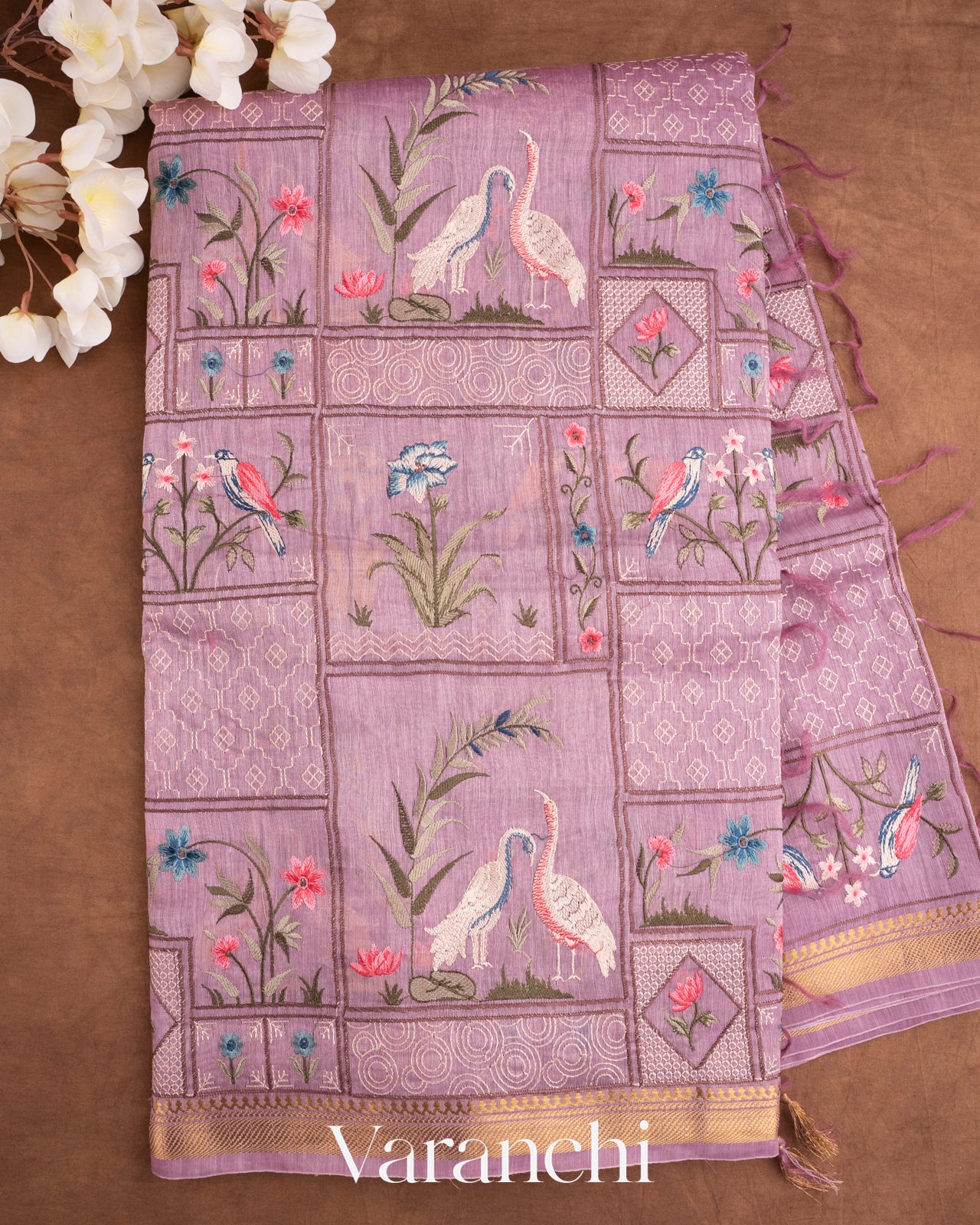 Soft Lilac All-Over Embroidered Pure Silk Linen Saree
