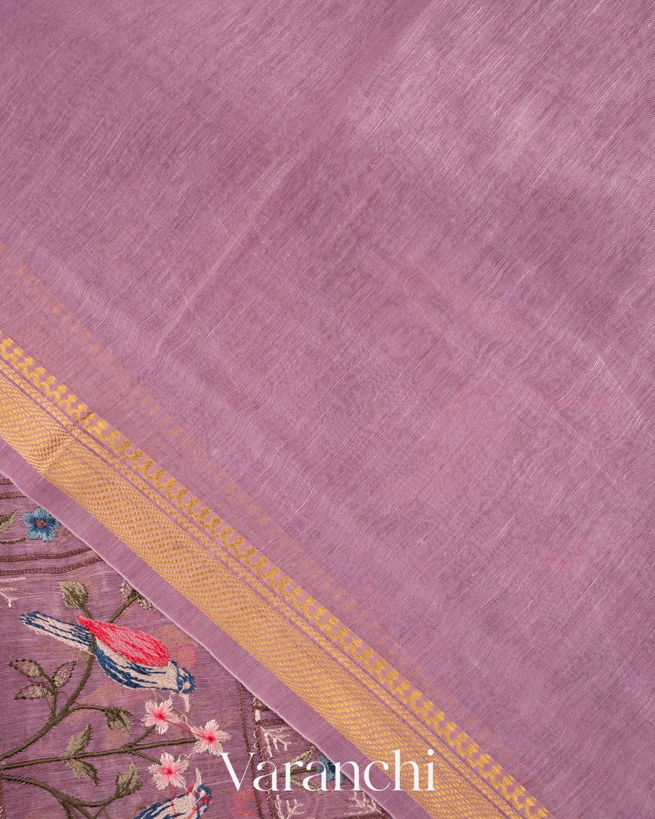 Soft Lilac All-Over Embroidered Pure Silk Linen Saree