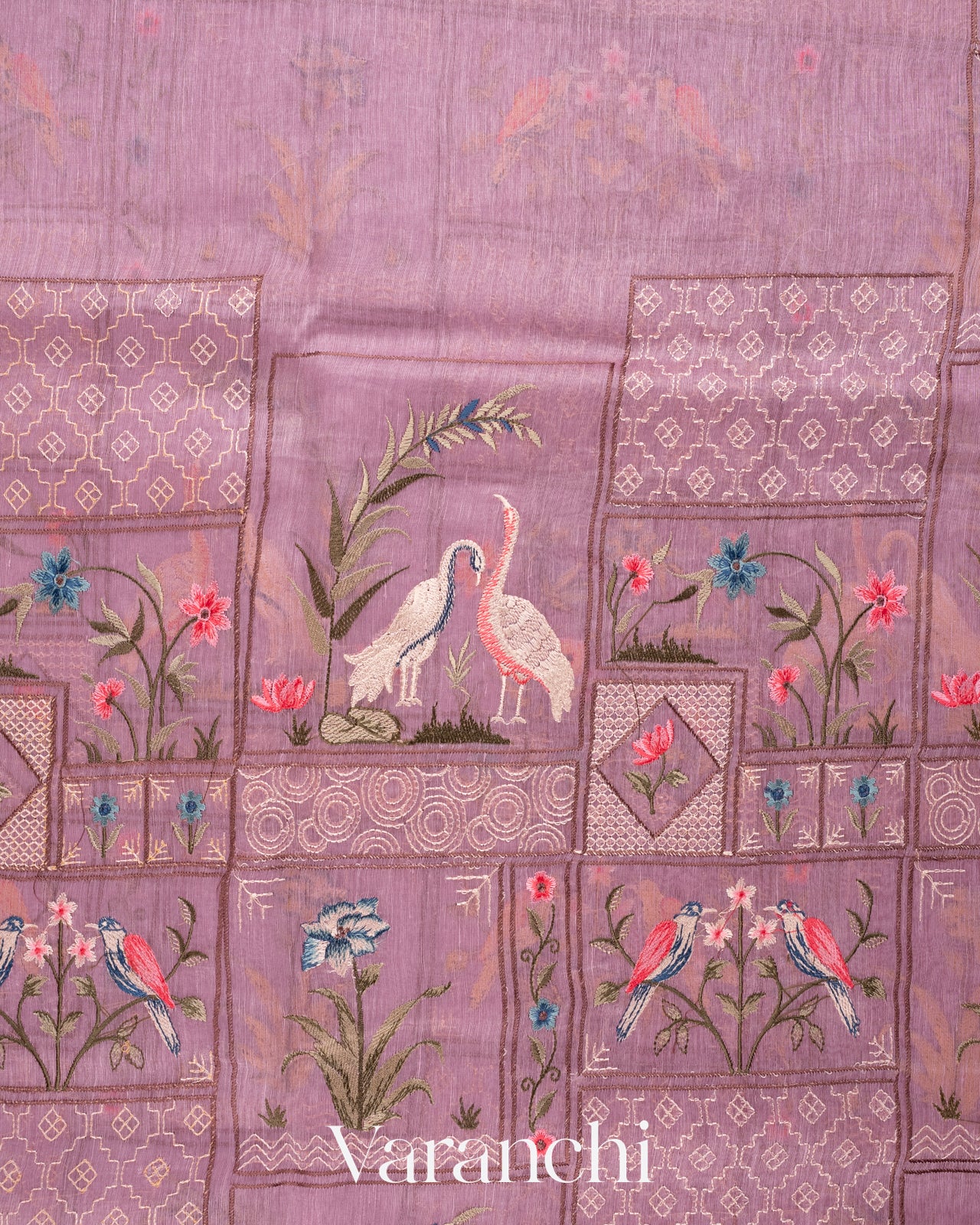 Soft Lilac All-Over Embroidered Pure Silk Linen Saree