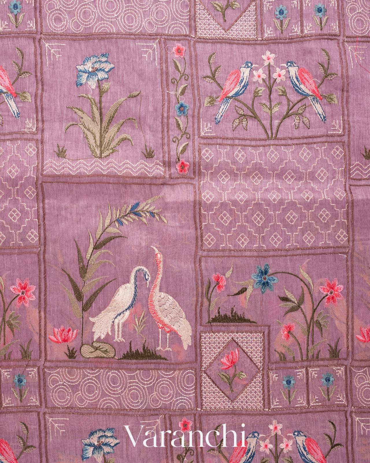Soft Lilac All-Over Embroidered Pure Silk Linen Saree