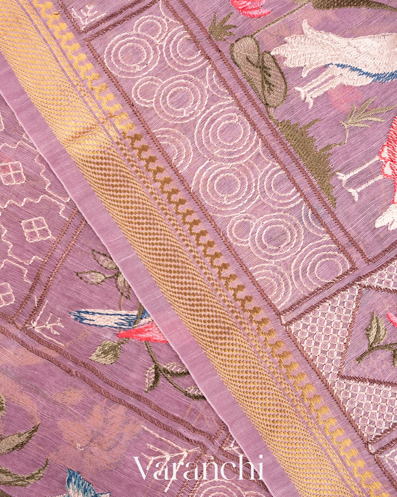Soft Lilac All-Over Embroidered Pure Silk Linen Saree