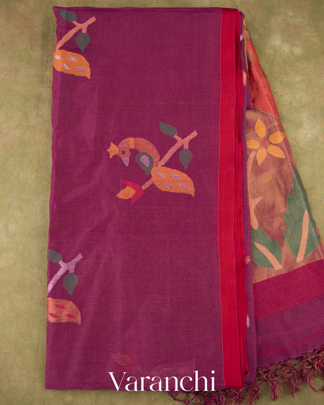 Mulberry Magenta Jamdani Pure Silk Linen Handloom Saree
