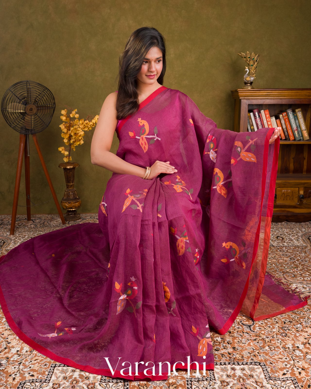Mulberry Magenta Jamdani Pure Silk Linen Handloom Saree