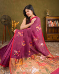Mulberry Magenta Jamdani Pure Silk Linen Handloom Saree