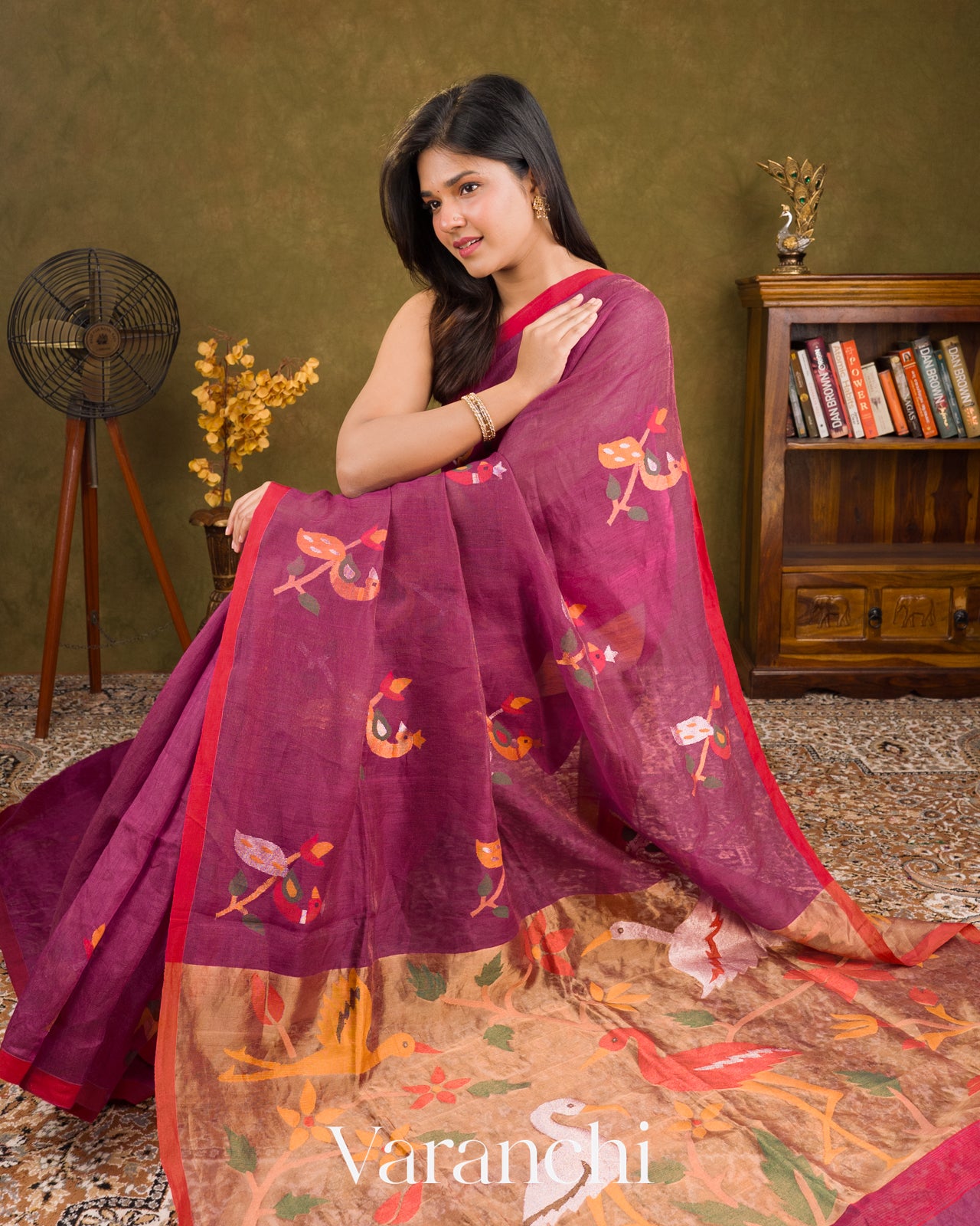 Mulberry Magenta Jamdani Pure Silk Linen Handloom Saree