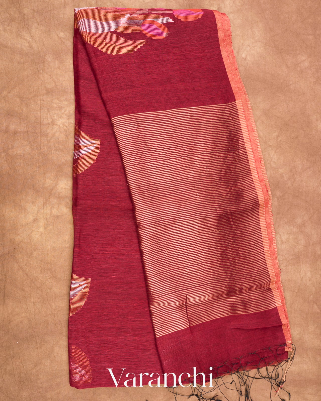 Rust Maroon Jamdani Pure Silk Linen Handloom Saree