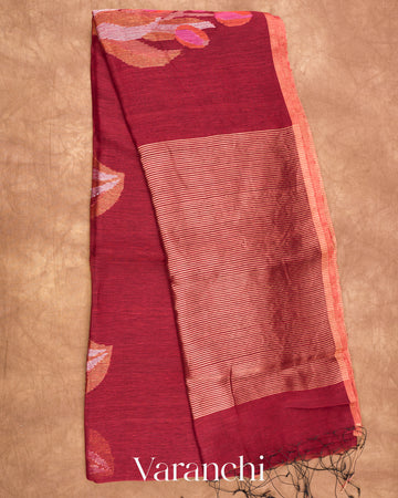 Rust Maroon Jamdani Pure Silk Linen Handloom Saree