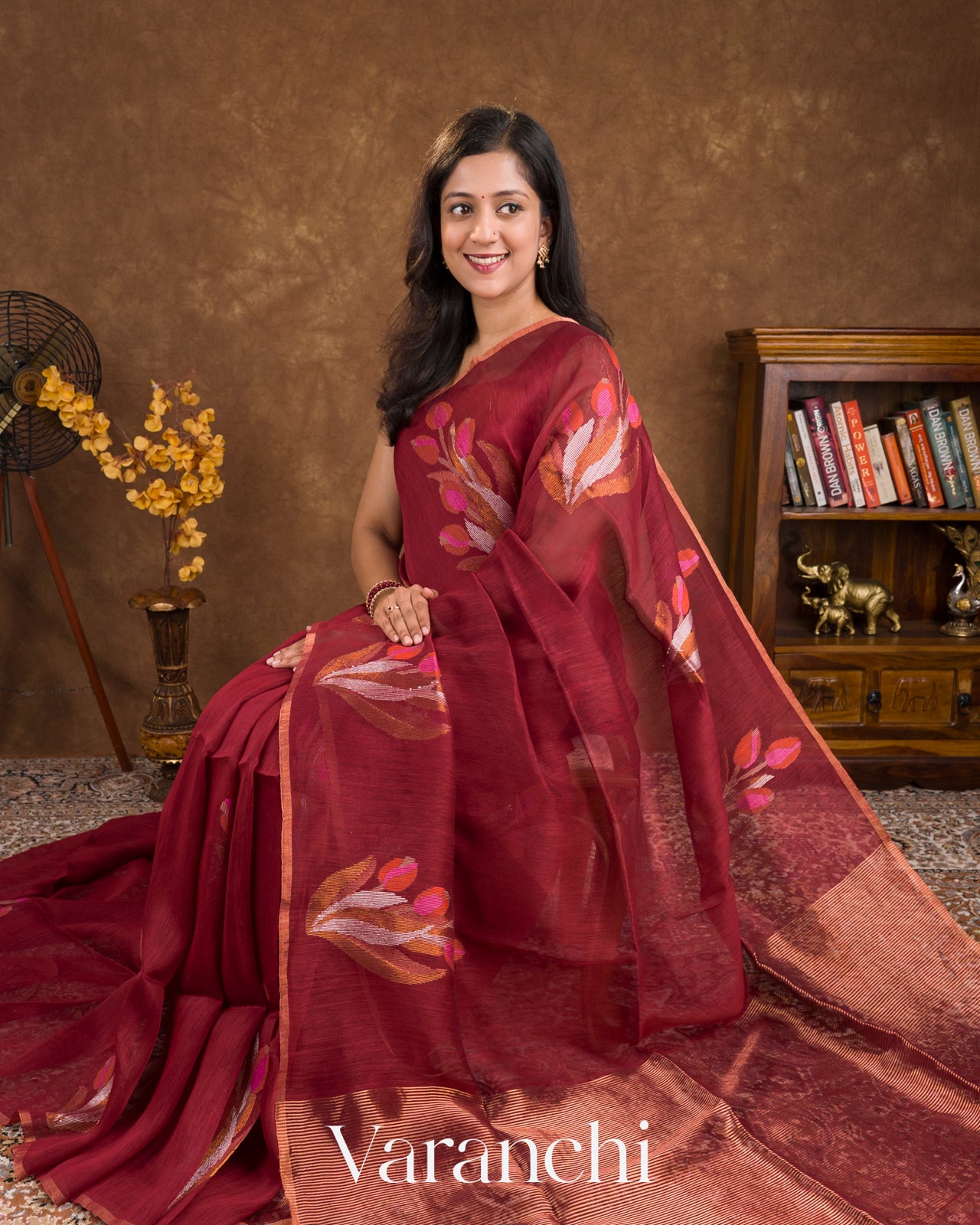 Rust Maroon Jamdani Pure Silk Linen Handloom Saree
