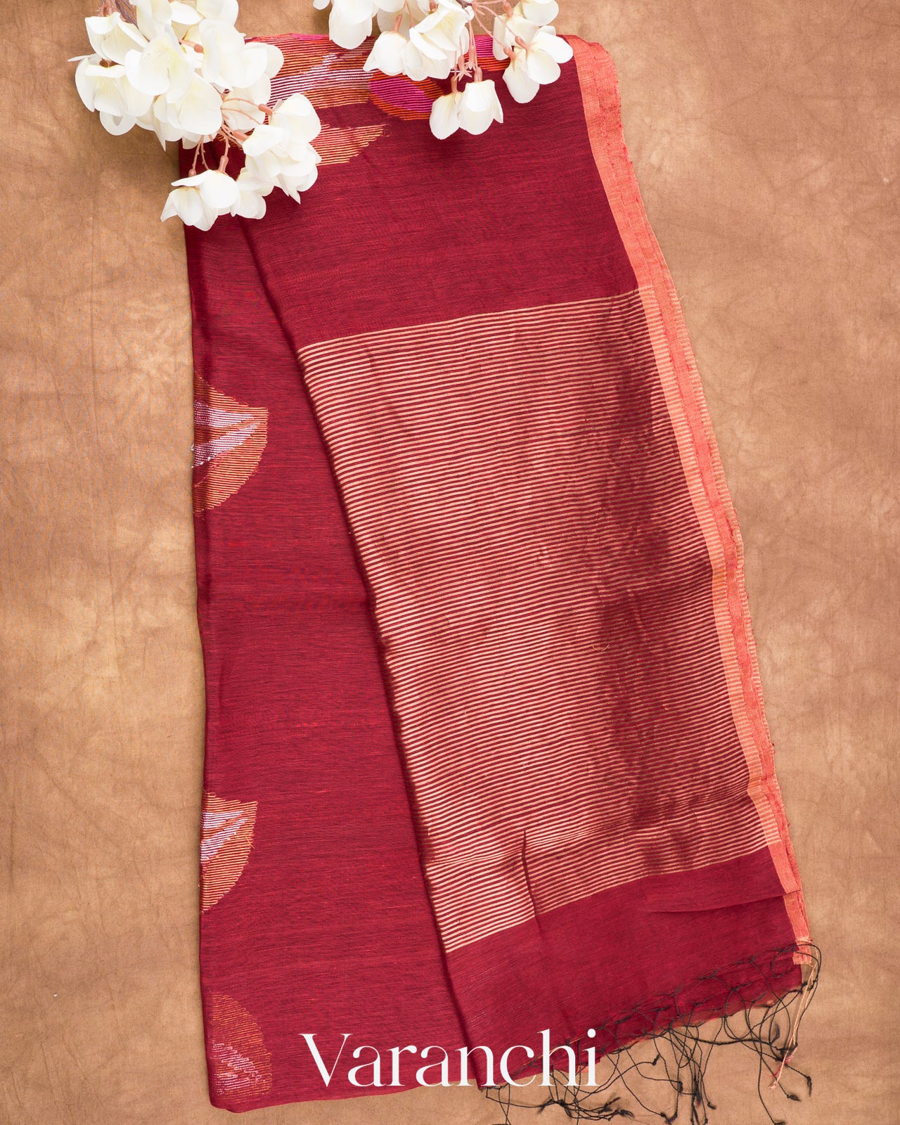 Rust Maroon Jamdani Pure Silk Linen Handloom Saree