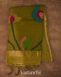 Mehandi Green  Jamdani Pure Silk Linen Handloom Saree 