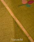 Mehandi Green  Jamdani Pure Silk Linen Handloom Saree 