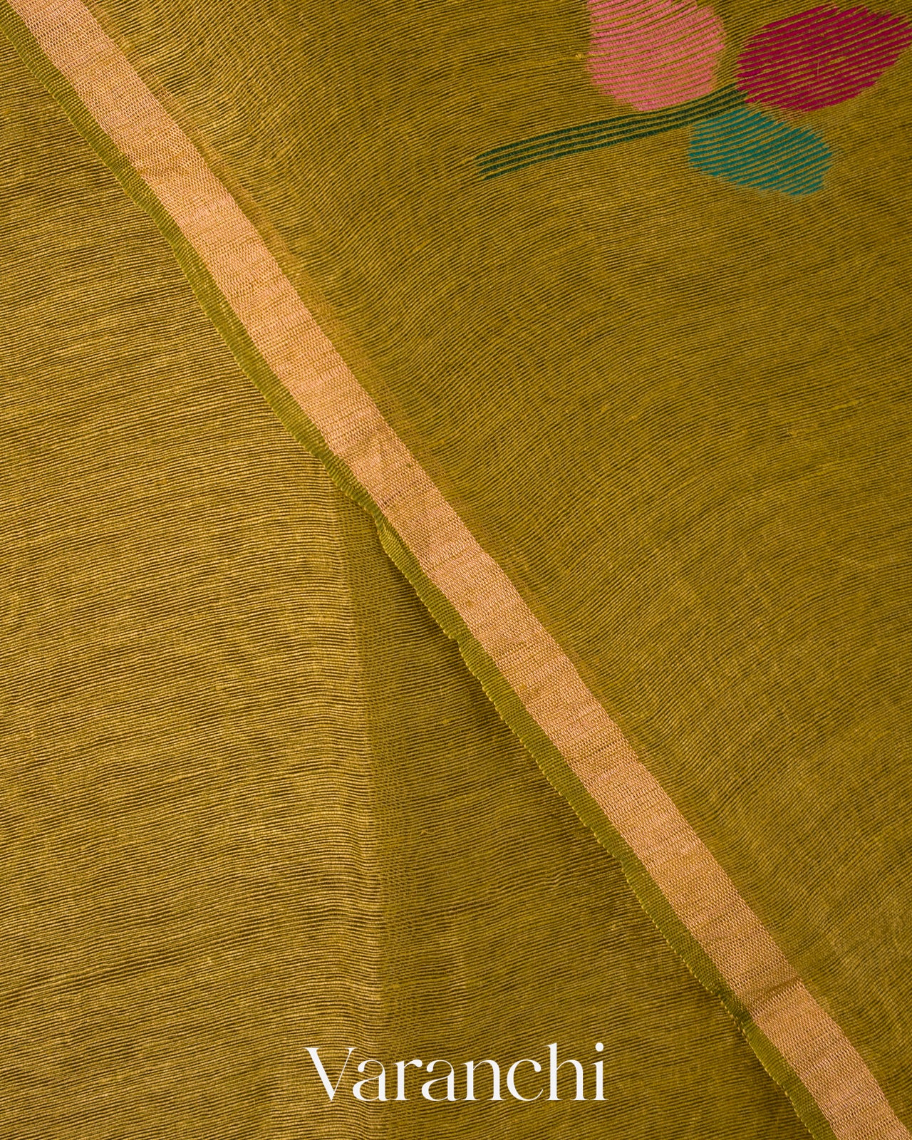 Mehandi Green  Jamdani Pure Silk Linen Handloom Saree 