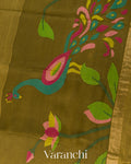 Mehandi Green  Jamdani Pure Silk Linen Handloom Saree 