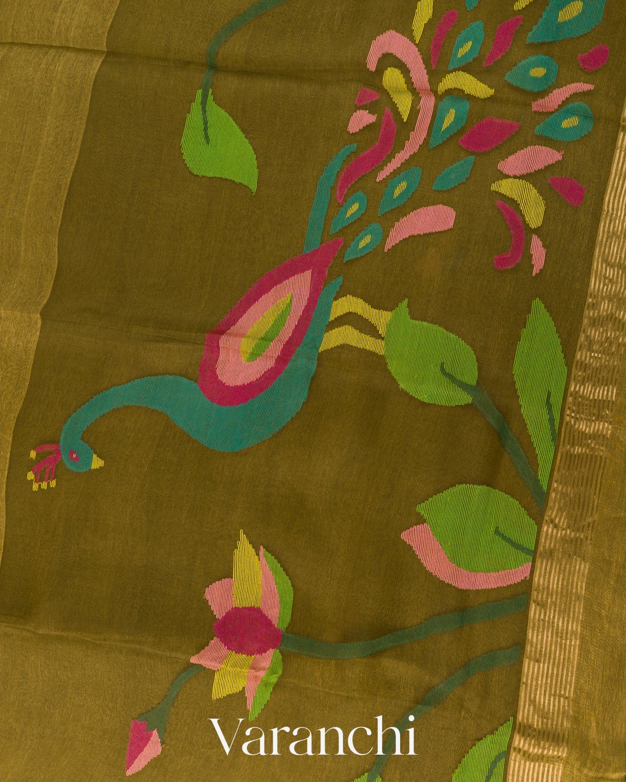 Mehandi Green  Jamdani Pure Silk Linen Handloom Saree 
