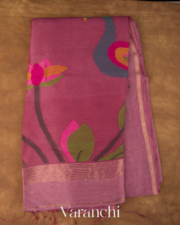 Onion Pink Jamdani Pure Silk Linen Handloom Saree 