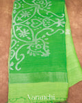 Parrot Green Jamdani Pure Silk Linen Handloom Saree