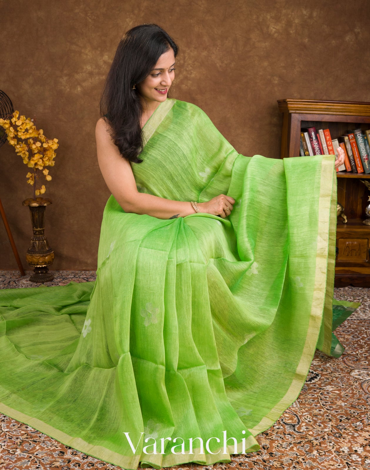 Parrot Green Jamdani Pure Silk Linen Handloom Saree