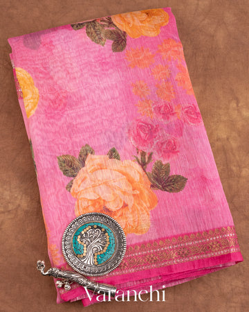 Rose Pink Printed Pure Silk Linen Saree