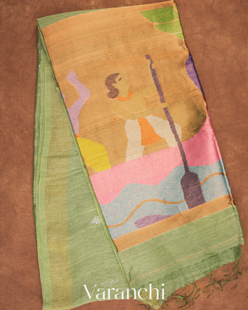 Light Pista Green Jamdani Pure Silk Linen with Paithani Pallu Handloom Saree