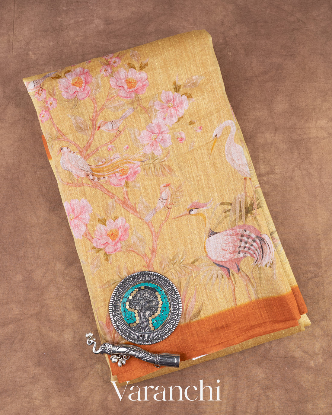 Sandal Yellow Floral Printed Pure Silk Linen Saree