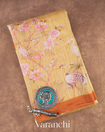 Sandal Yellow Floral Printed Pure Silk Linen Saree