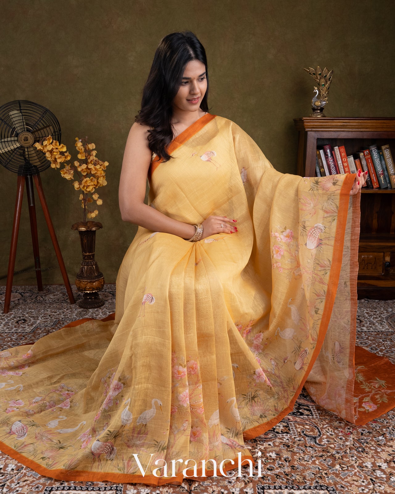 Sandal Yellow Floral Printed Pure Silk Linen Saree