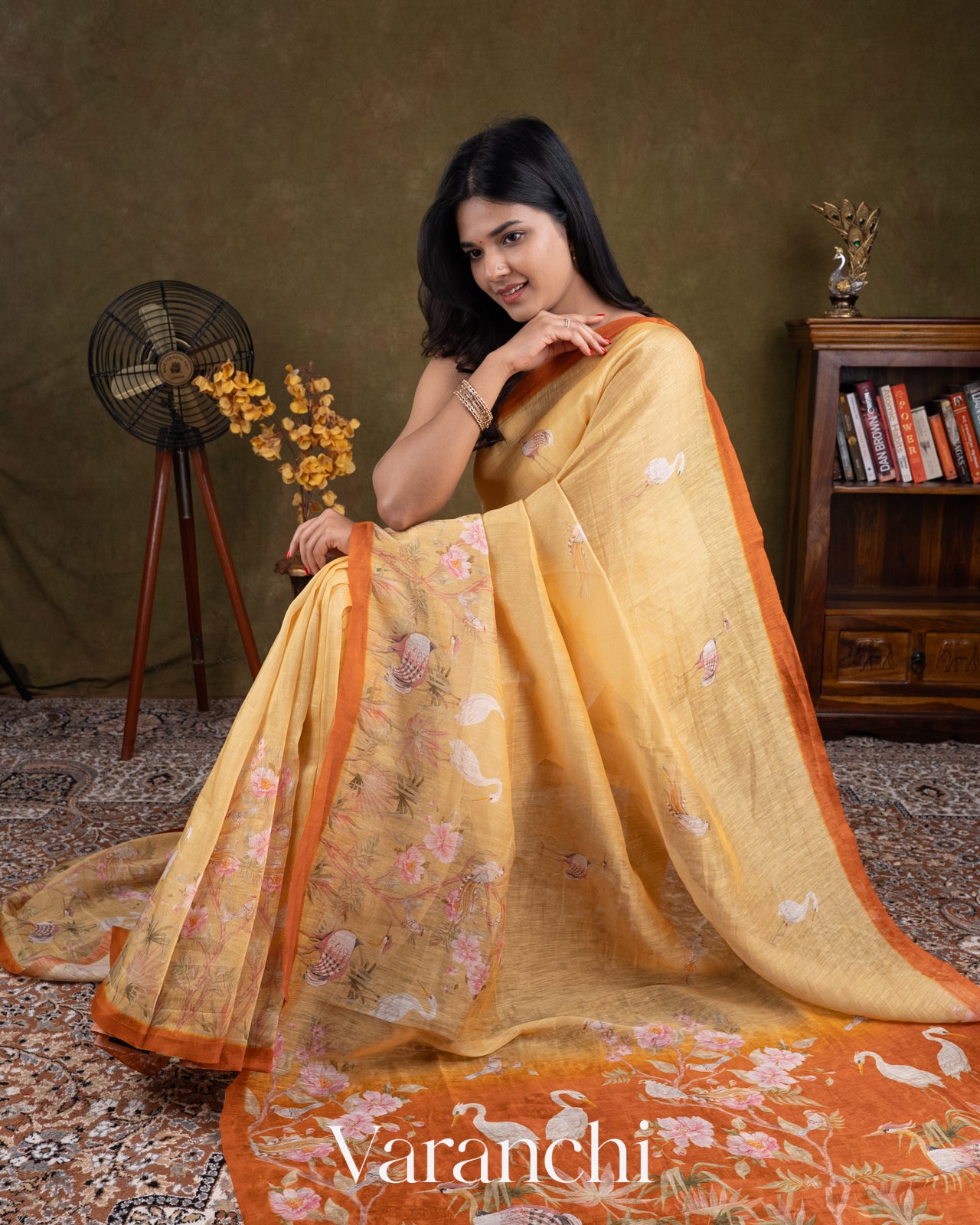 Sandal Yellow Floral Printed Pure Silk Linen Saree