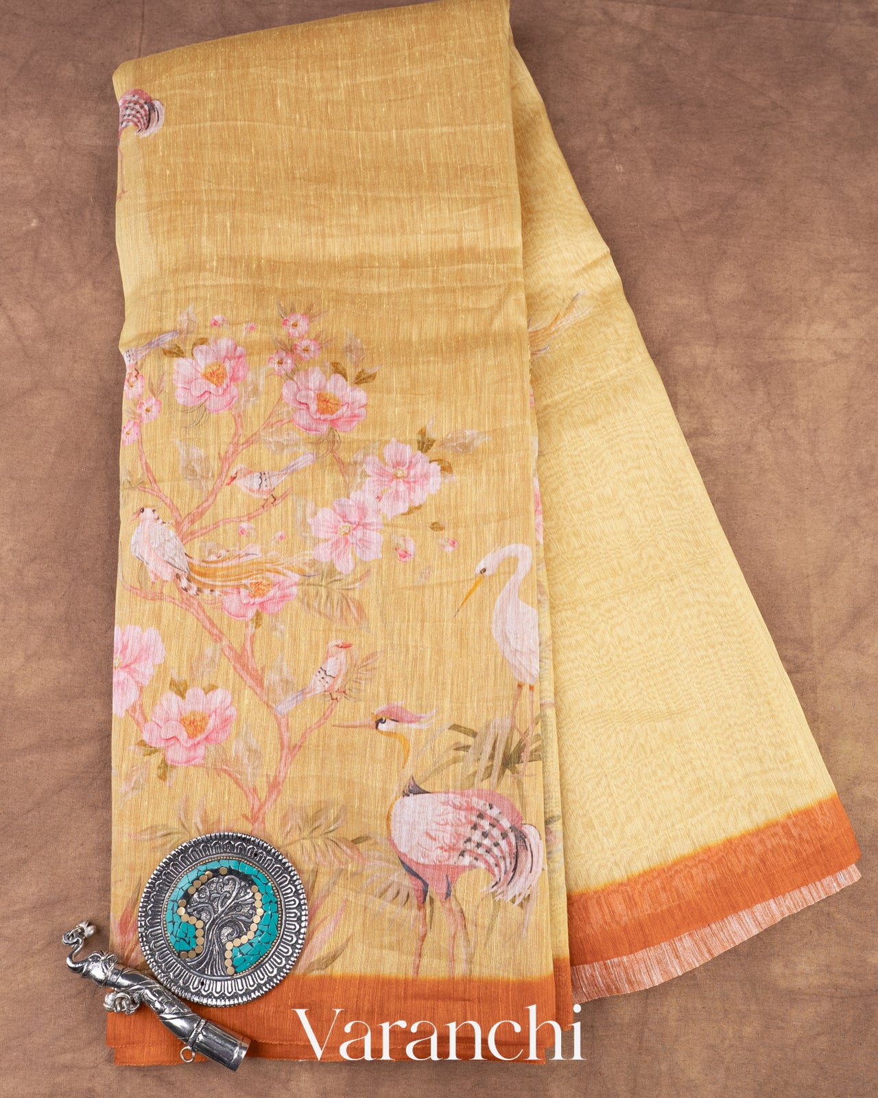 Sandal Yellow Floral Printed Pure Silk Linen Saree