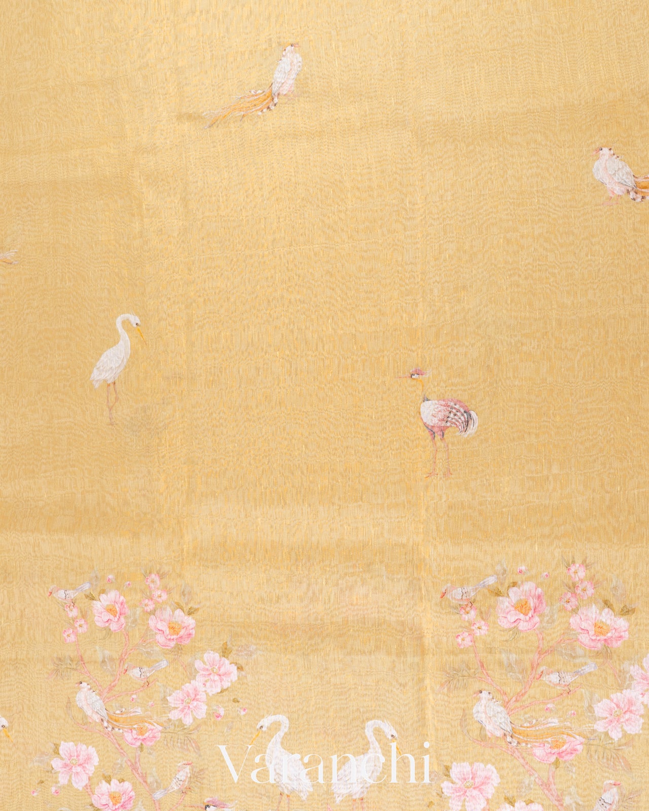 Sandal Yellow Floral Printed Pure Silk Linen Saree