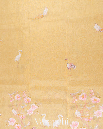Sandal Yellow Floral Printed Pure Silk Linen Saree