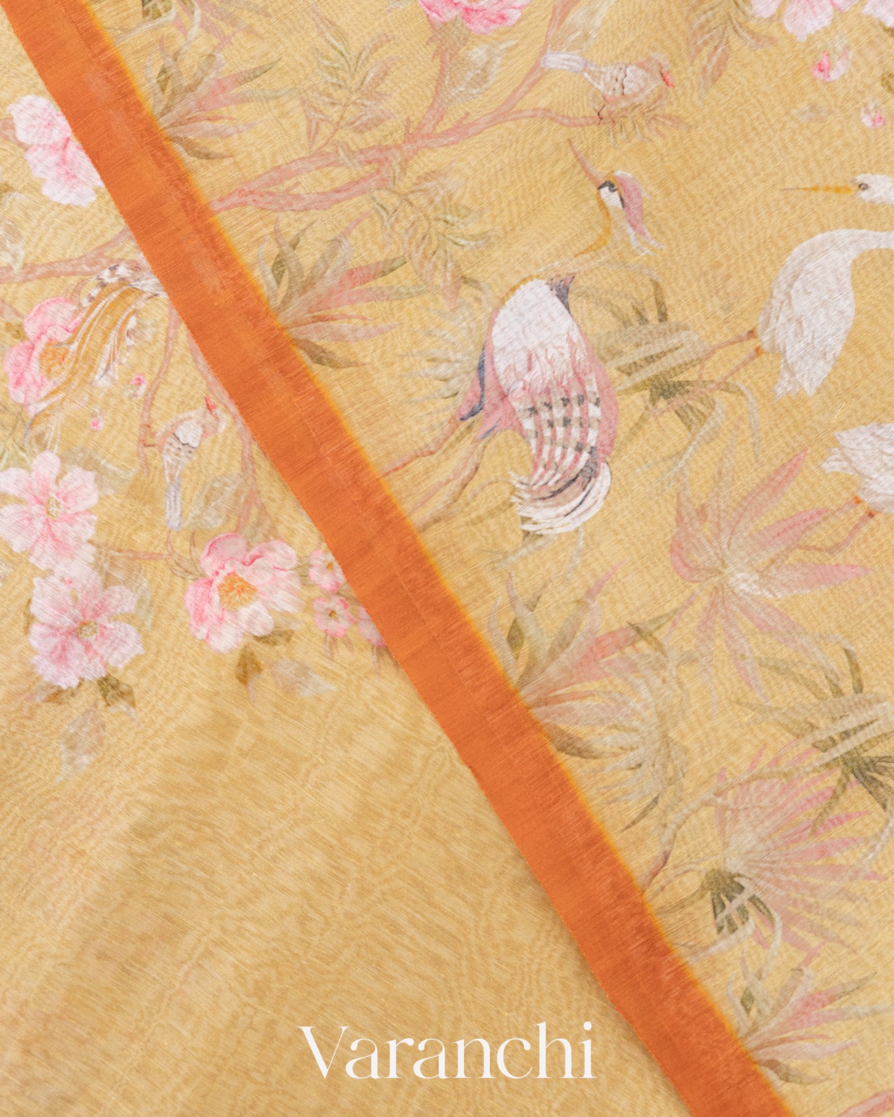 Sandal Yellow Floral Printed Pure Silk Linen Saree