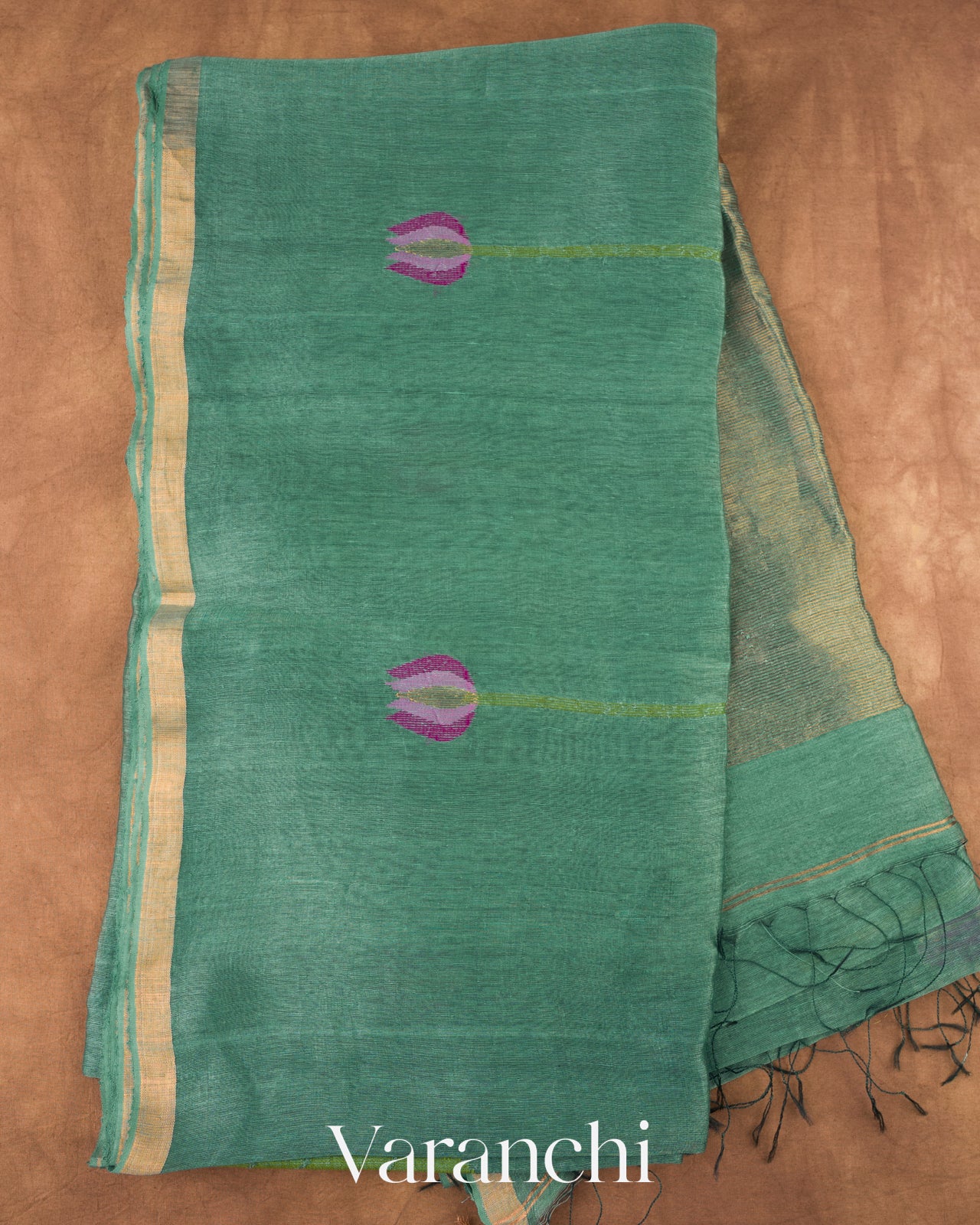 Sea Green Jamdani Pure Silk Linen Handloom Saree 